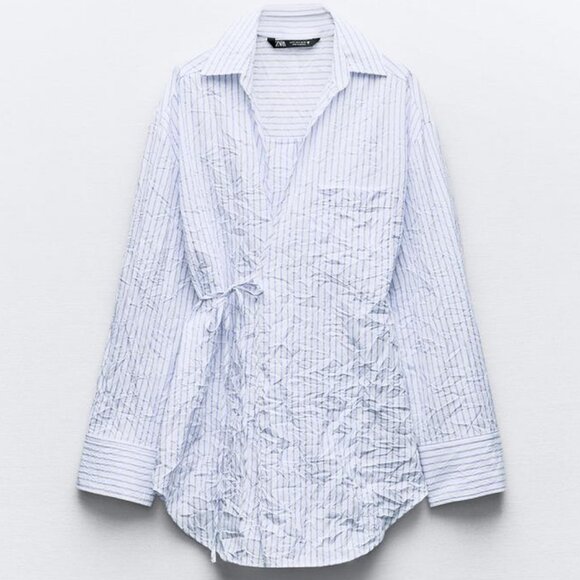 ZARA Wrinkle Effect Oversized Blue and White Striped Shirt. NWT - Picture 3 of 7